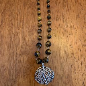 Tigers Eye Graduated Beaded Necklace with Sterling Silver Leaf Pendant